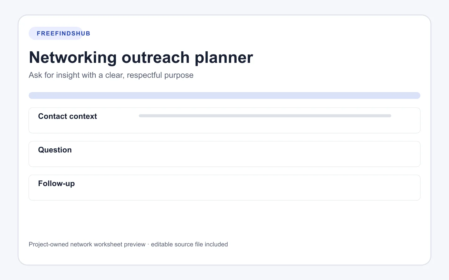 Preview of a networking outreach planner with contact context, question, and follow-up columns.