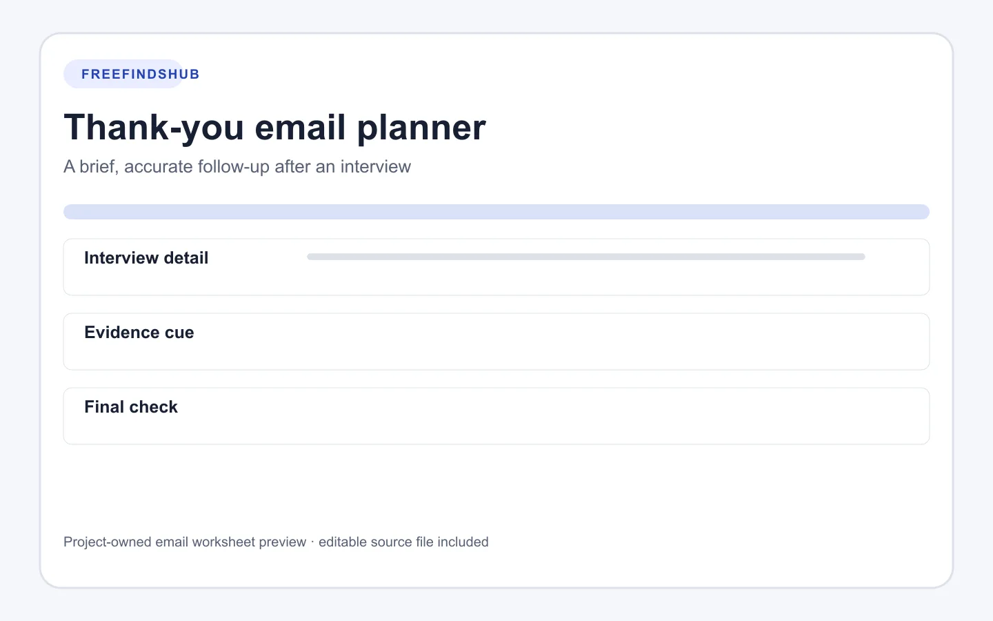 Preview of a thank-you email planner with interview detail, evidence cue, and final-check columns.