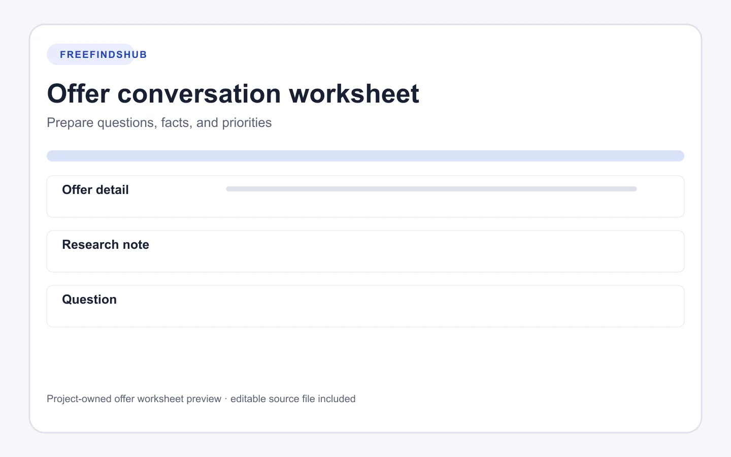 Preview of an offer conversation worksheet with offer detail, research note, and question columns.