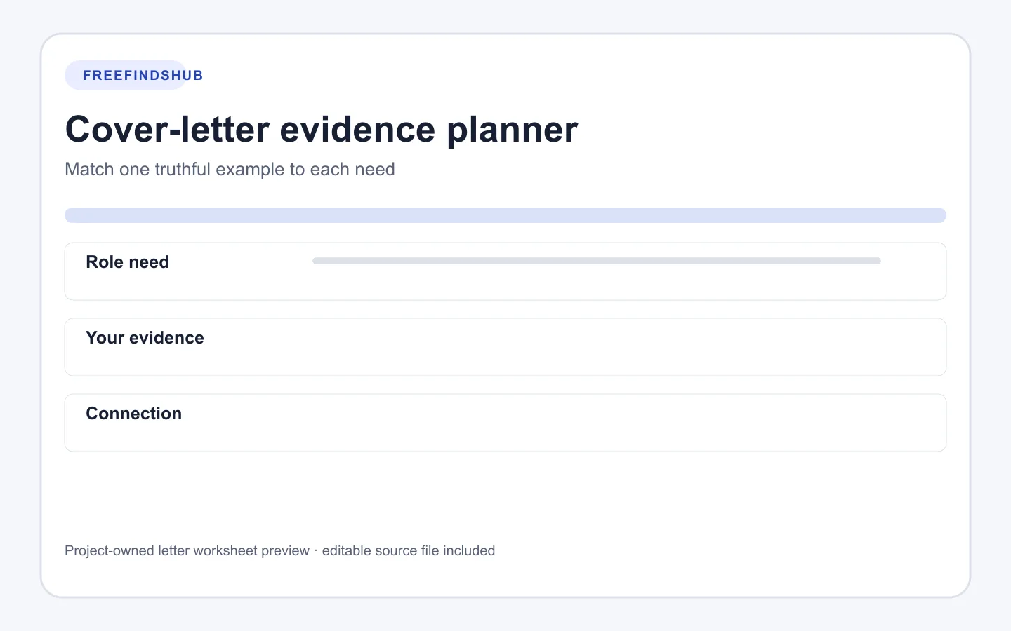 Preview of a cover-letter evidence planner matching role needs to evidence and connections.