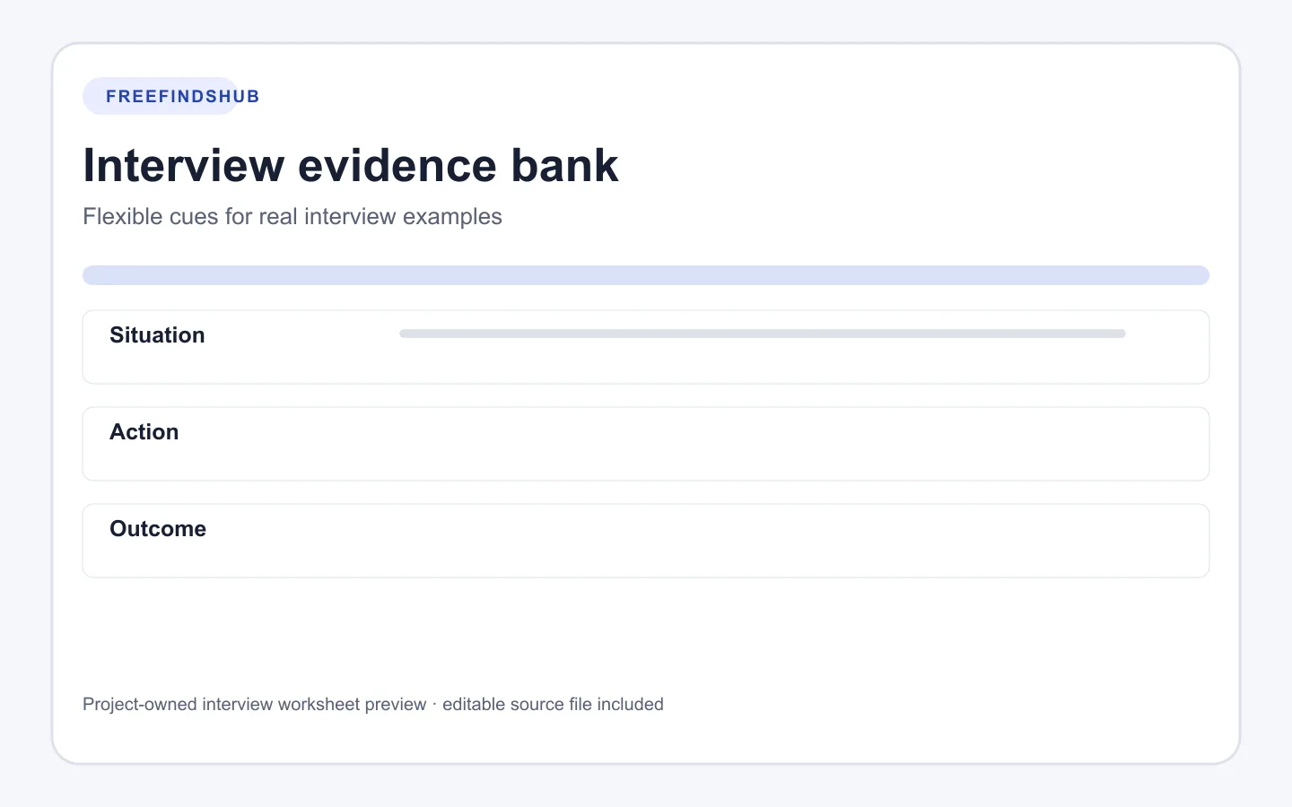 Preview of an interview evidence bank with situation, action, and outcome columns.