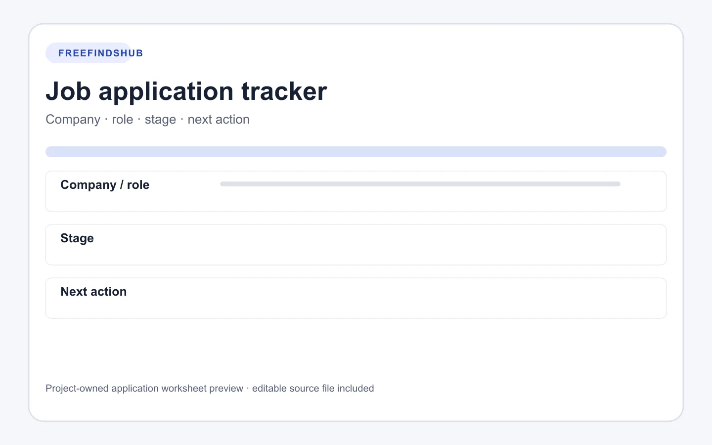 Preview of a job application tracker with company, stage, and next-action columns.