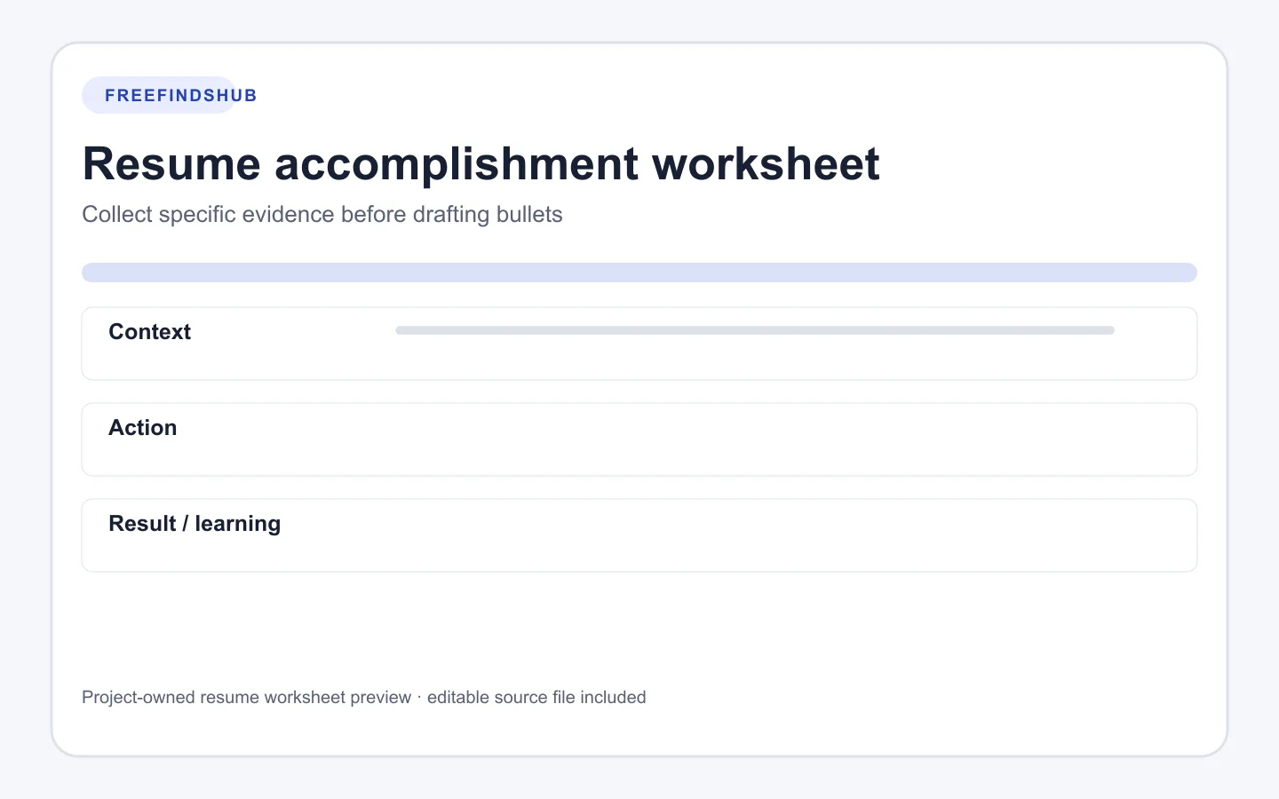 Preview of a resume accomplishment worksheet with context, action, and result columns.