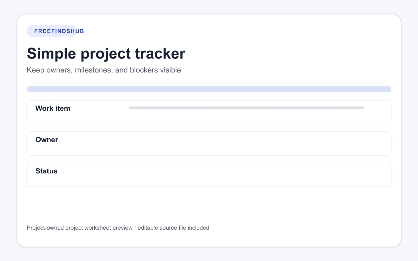 Preview of a project tracker with work item, owner, and status columns.