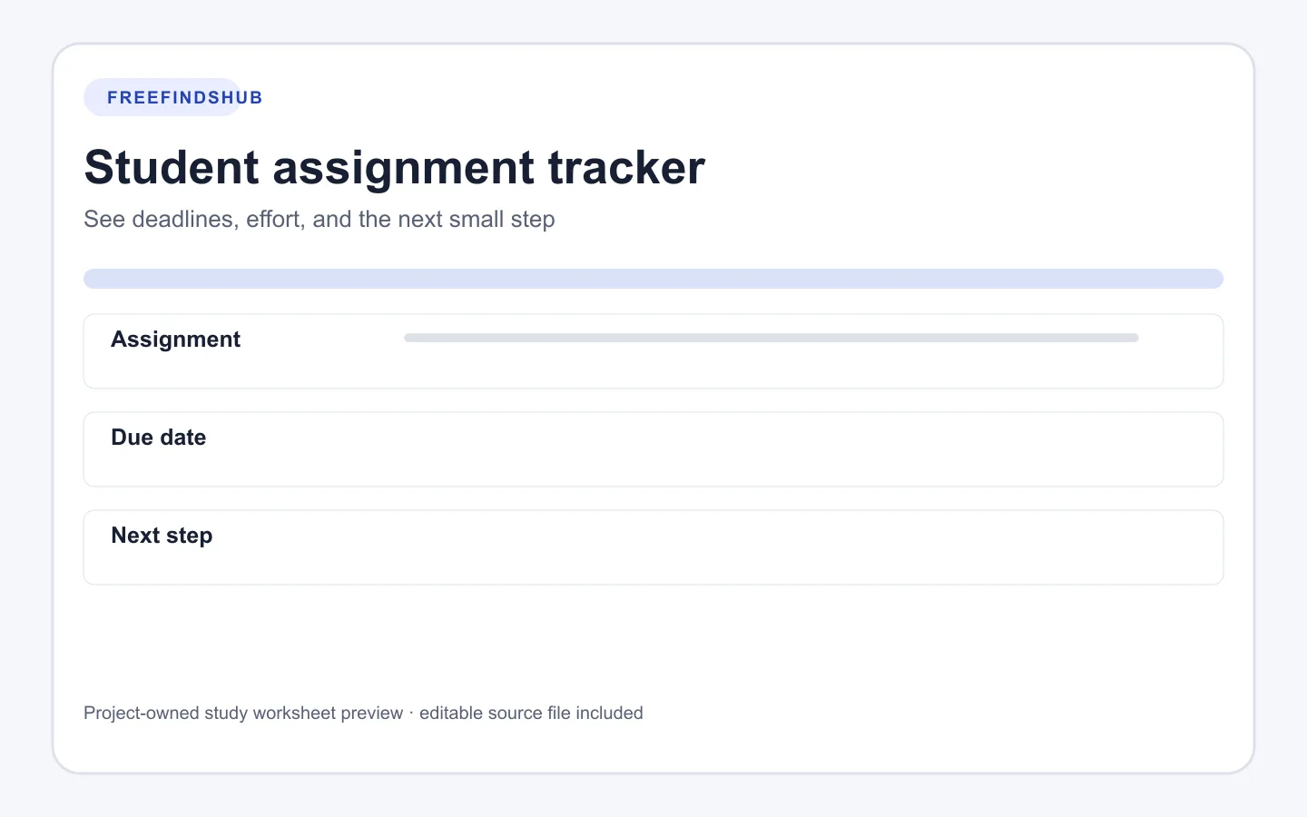 Preview of a student assignment tracker with assignment, due date, and next-step columns.