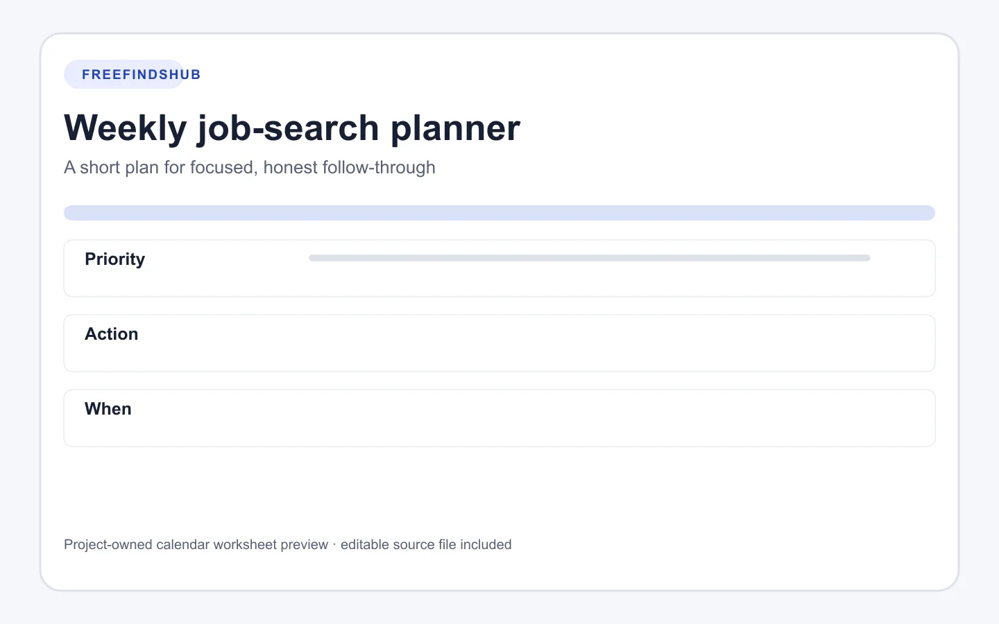 Preview of a weekly job-search planner with priority, action, and timing columns.