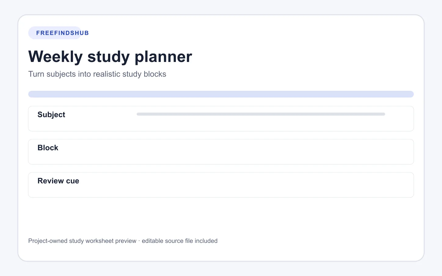 Preview of a weekly study planner with subject, study-block, and review-cue columns.